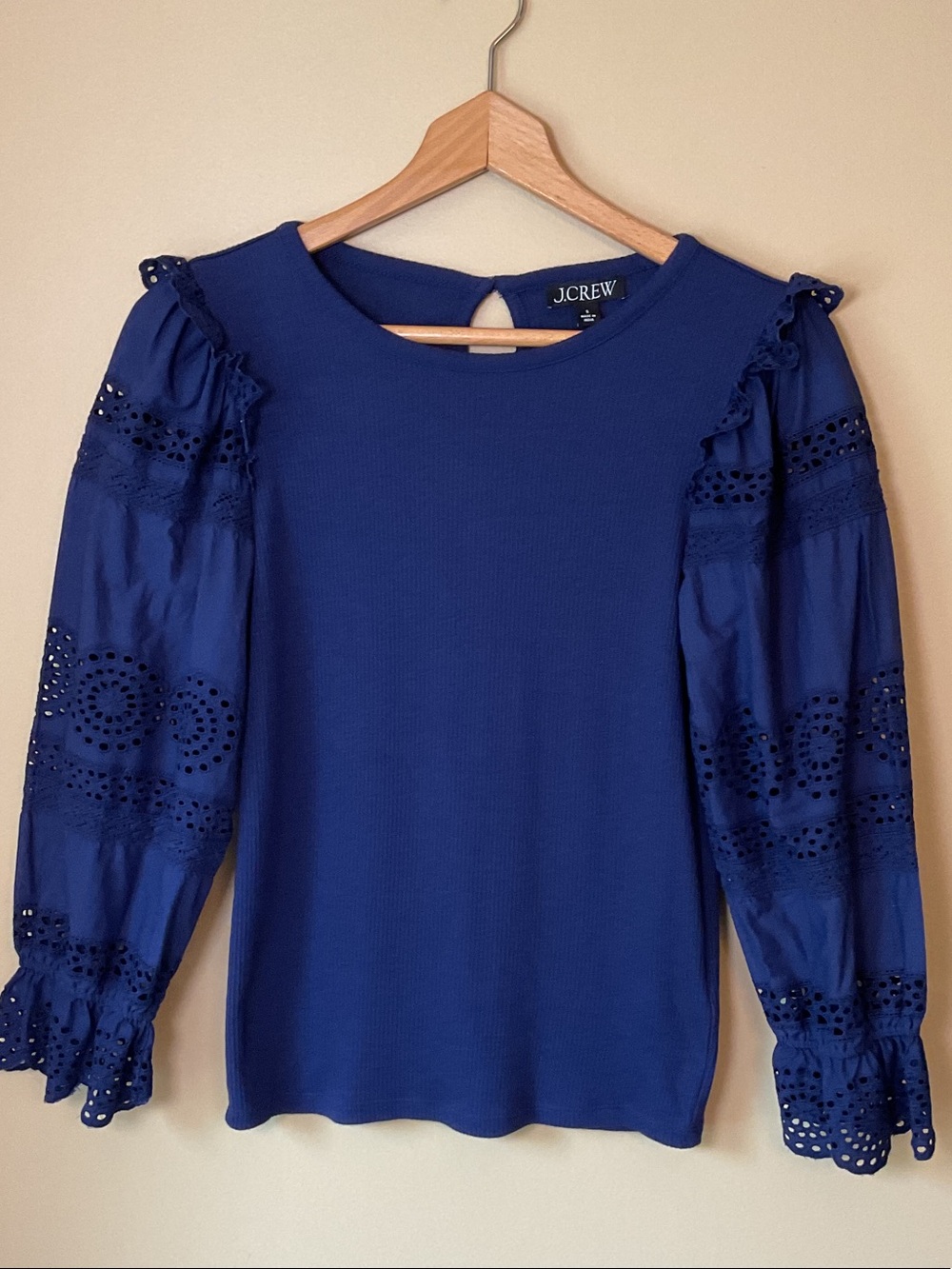 J. Crew Cobalt Blue Long Sleeve Top with Eyelet Sleeves Size S